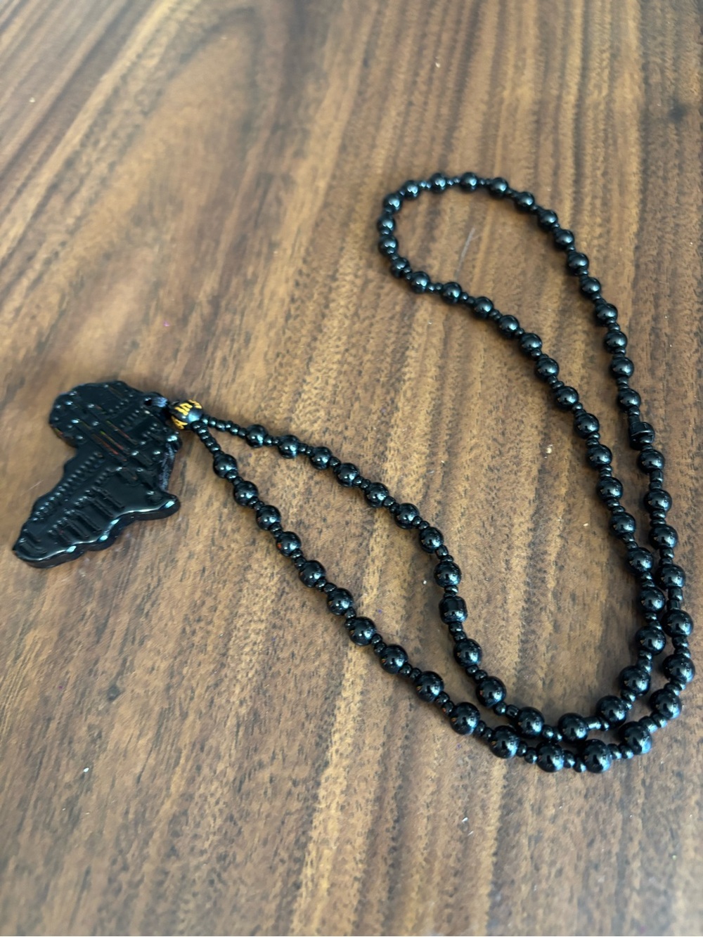 Map African Black Beaded Necklace with Black Pendant